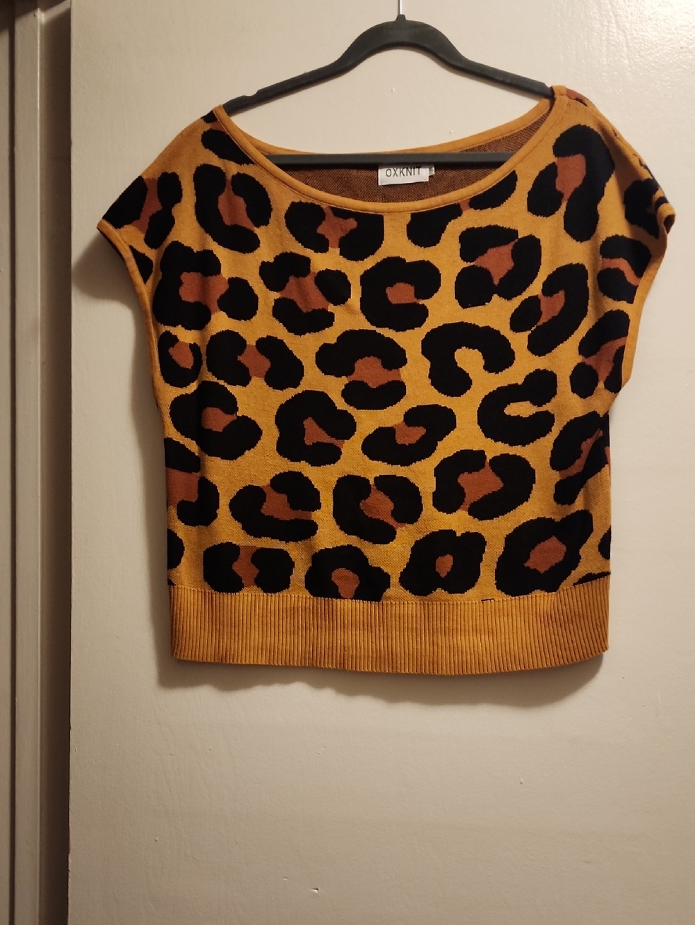Oxknit Mustard Leopard Print Short Sleeve Sweater Top
